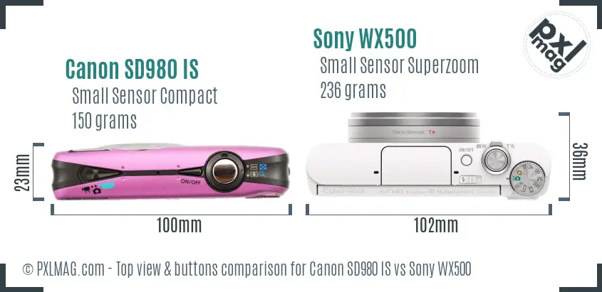 Canon SD980 IS vs Sony WX500 top view buttons comparison