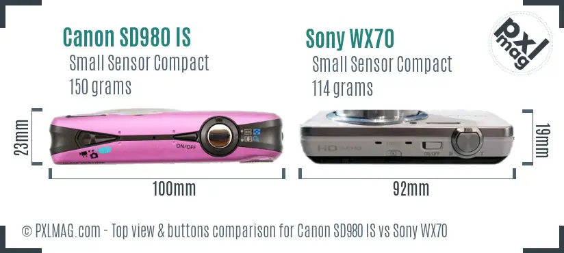 Canon SD980 IS vs Sony WX70 top view buttons comparison Canon SD980 IS vs Sony WX70 top view buttons comparison