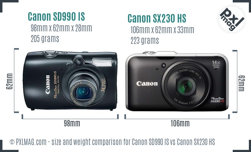 Canon SD990 IS vs Canon SX230 HS size comparison