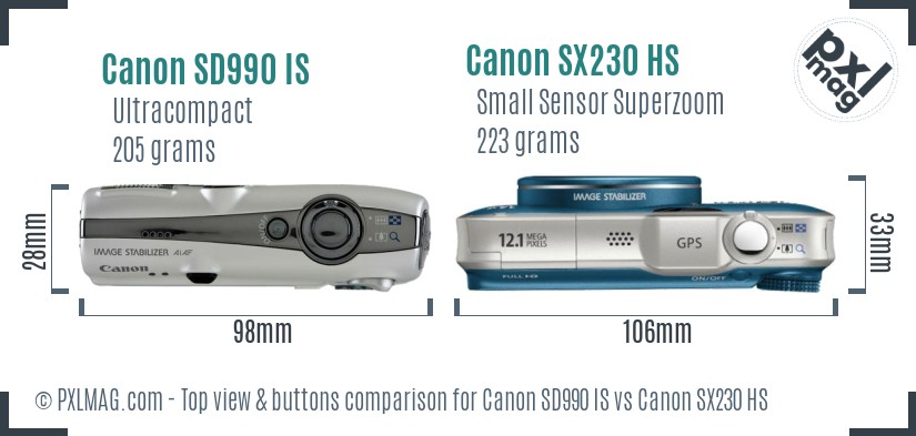Canon SD990 IS vs Canon SX230 HS top view buttons comparison