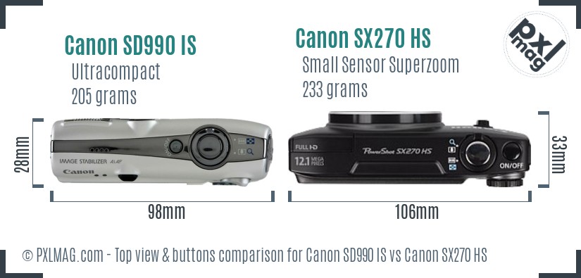 Canon SD990 IS vs Canon SX270 HS top view buttons comparison