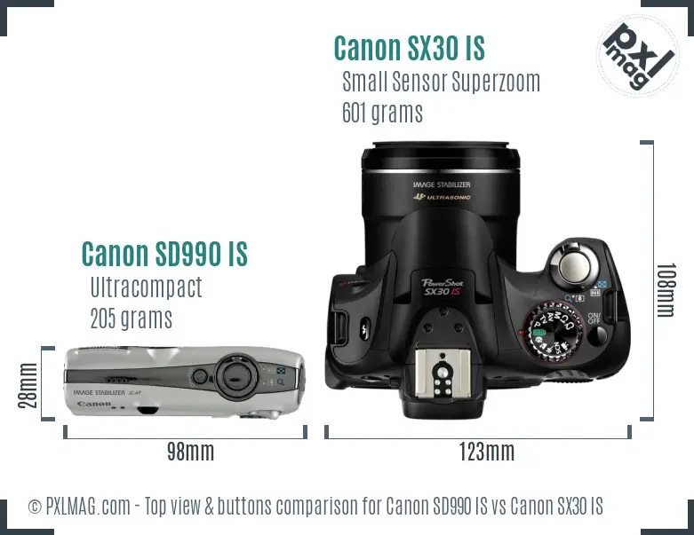 Canon SD990 IS vs Canon SX30 IS top view buttons comparison