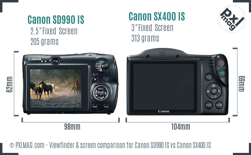 Canon SD990 IS vs Canon SX400 IS Screen and Viewfinder comparison