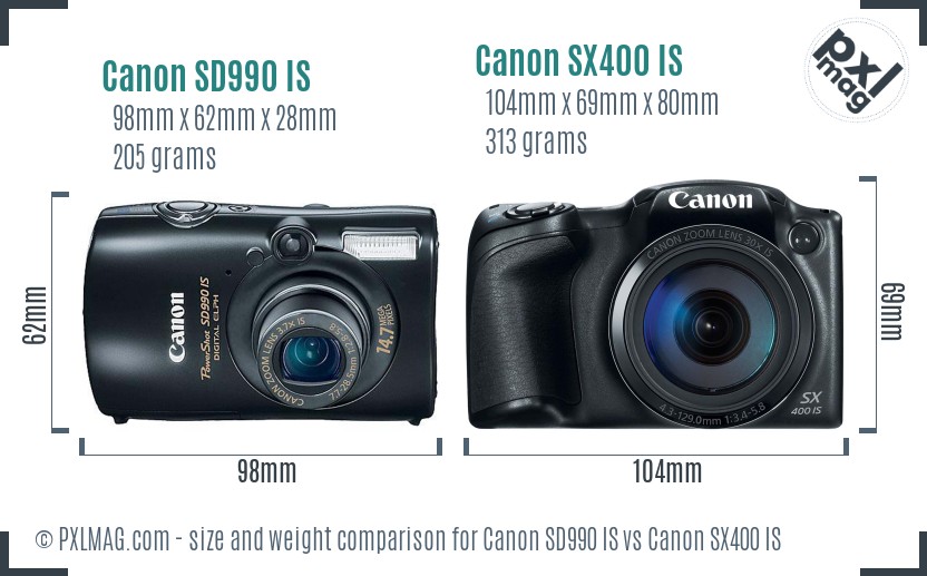 Canon SD990 IS vs Canon SX400 IS size comparison