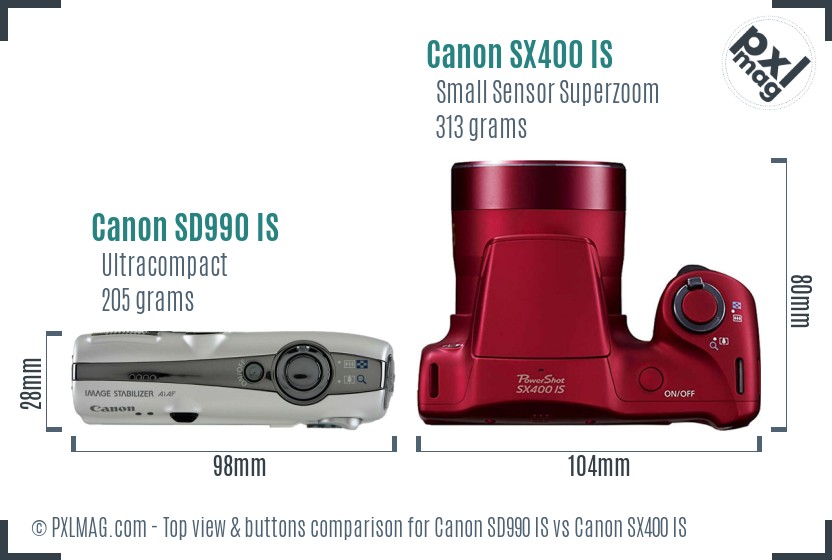 Canon SD990 IS vs Canon SX400 IS top view buttons comparison