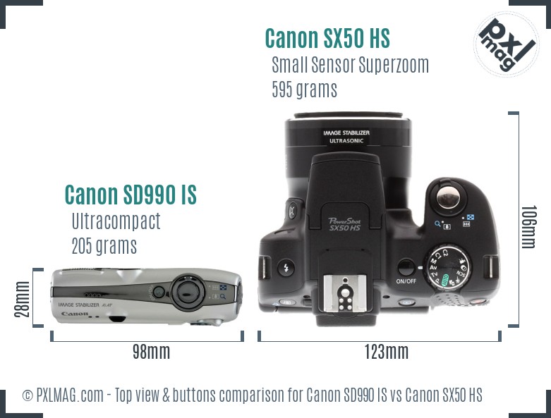Canon SD990 IS vs Canon SX50 HS top view buttons comparison