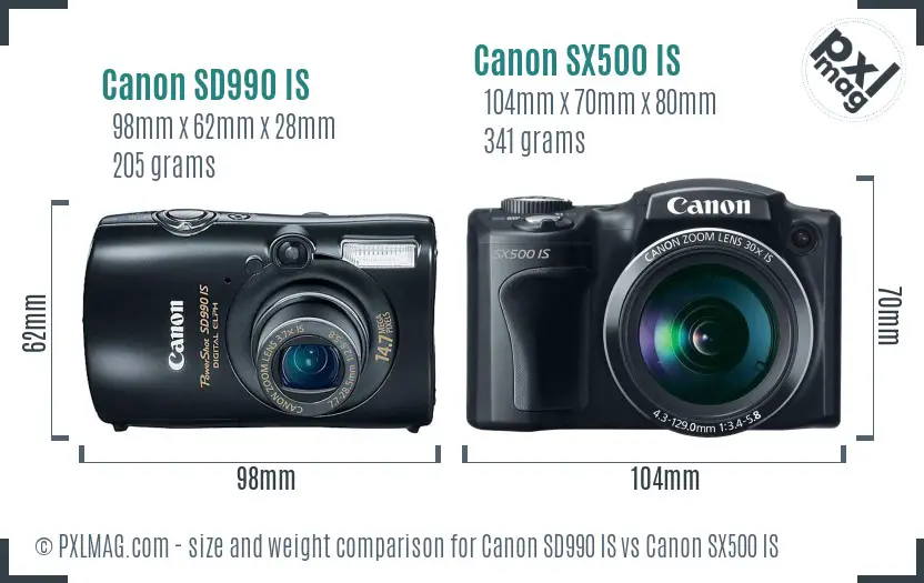 Canon SD990 IS vs Canon SX500 IS size comparison