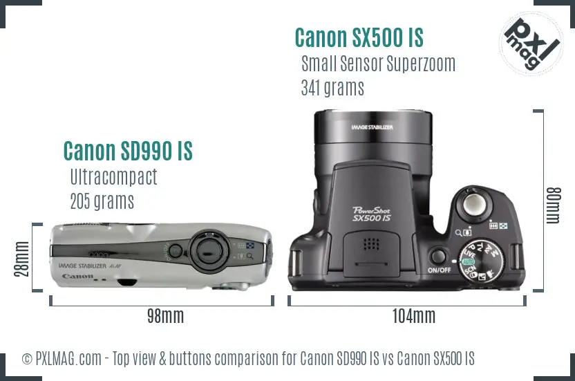 Canon SD990 IS vs Canon SX500 IS top view buttons comparison