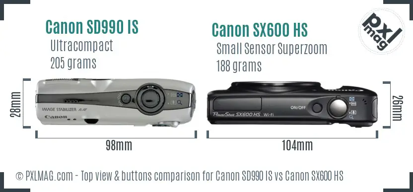 Canon SD990 IS vs Canon SX600 HS top view buttons comparison Canon SD990 IS vs Canon SX600 HS top view buttons comparison