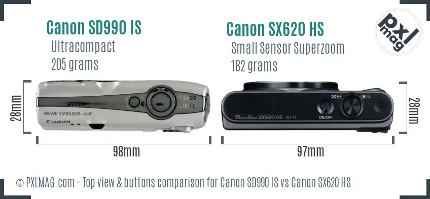 Canon SD990 IS vs Canon SX620 HS top view buttons comparison Canon SD990 IS vs Canon SX620 HS top view buttons comparison