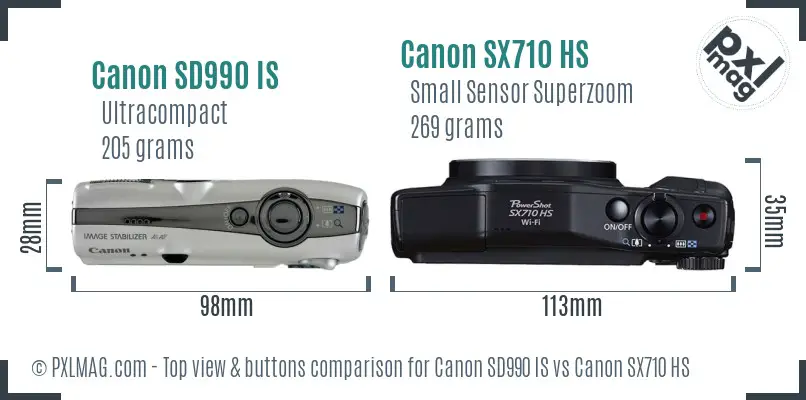Canon SD990 IS vs Canon SX710 HS top view buttons comparison Canon SD990 IS vs Canon SX710 HS top view buttons comparison