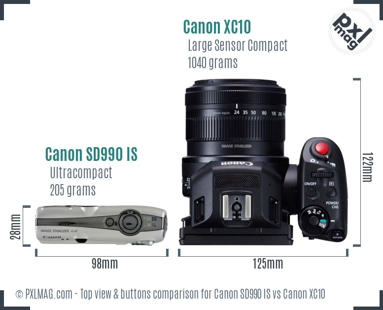 Canon SD990 IS vs Canon XC10 top view buttons comparison