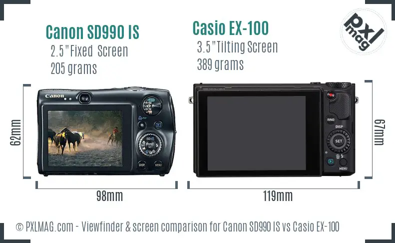 Canon SD990 IS vs Casio EX-100 Screen and Viewfinder comparison