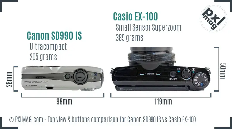 Canon SD990 IS vs Casio EX-100 top view buttons comparison