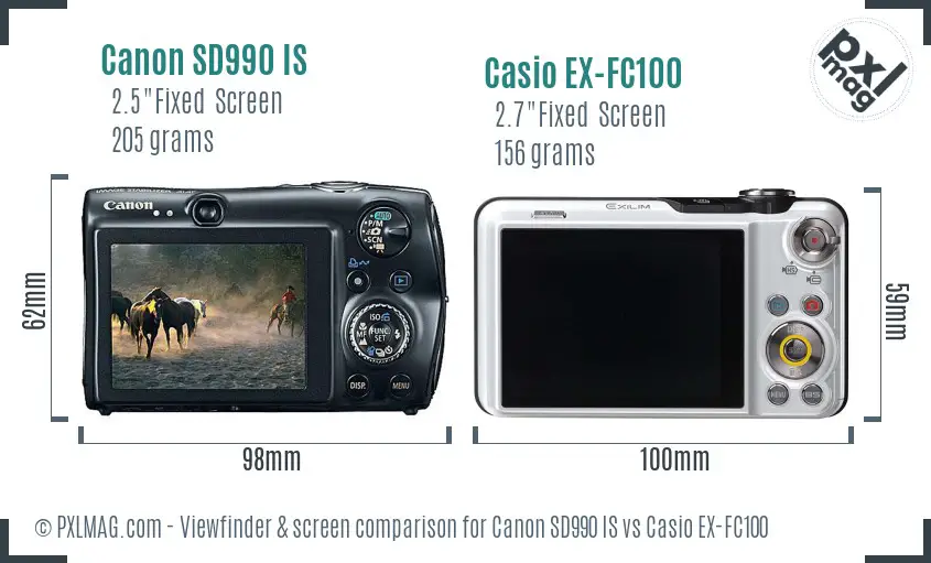 Canon SD990 IS vs Casio EX-FC100 Screen and Viewfinder comparison