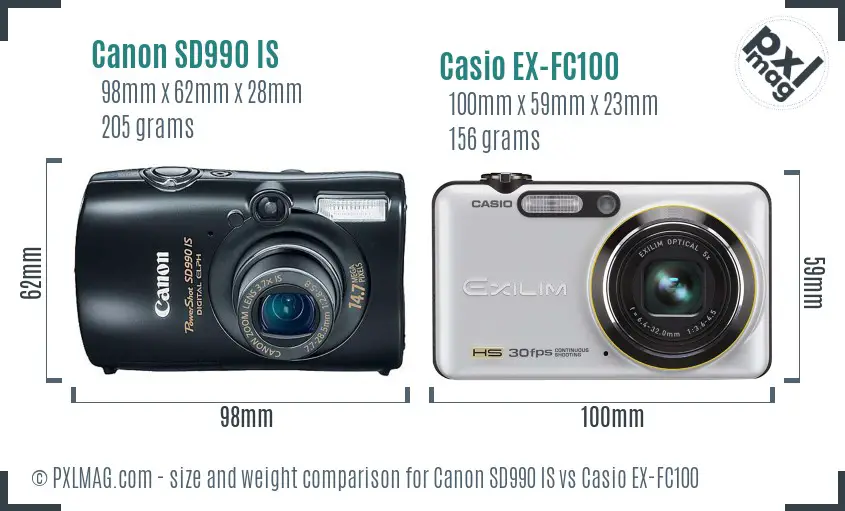 Canon SD990 IS vs Casio EX-FC100 size comparison