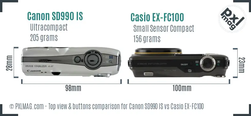 Canon SD990 IS vs Casio EX-FC100 top view buttons comparison