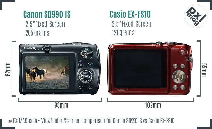 Canon SD990 IS vs Casio EX-FS10 Screen and Viewfinder comparison