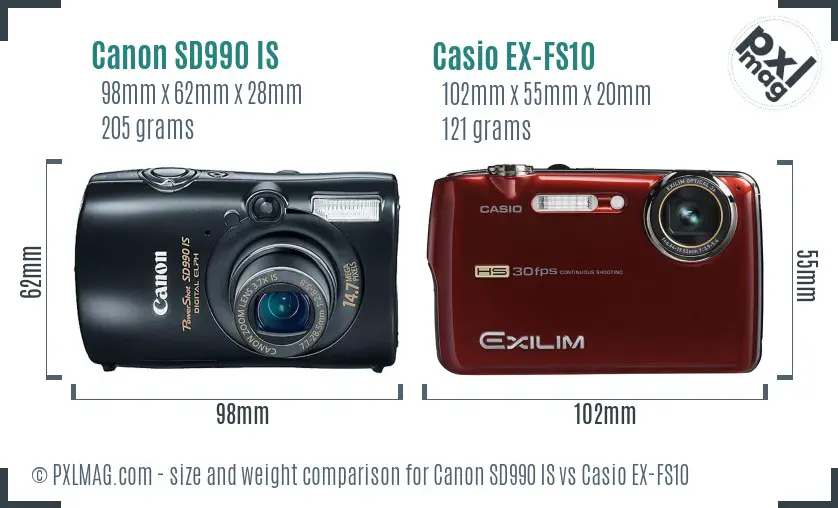 Canon SD990 IS vs Casio EX-FS10 size comparison