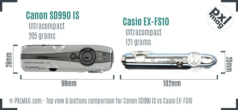 Canon SD990 IS vs Casio EX-FS10 top view buttons comparison