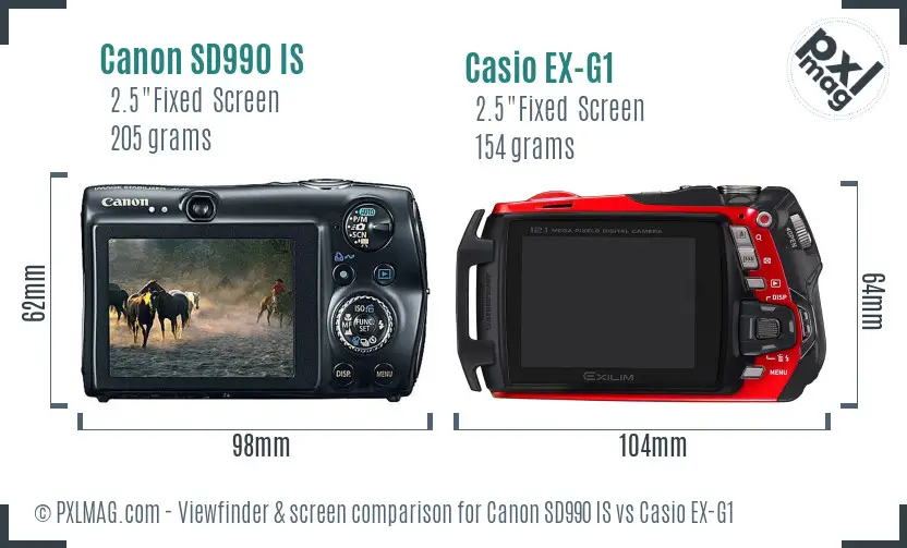 Canon SD990 IS vs Casio EX-G1 Screen and Viewfinder comparison