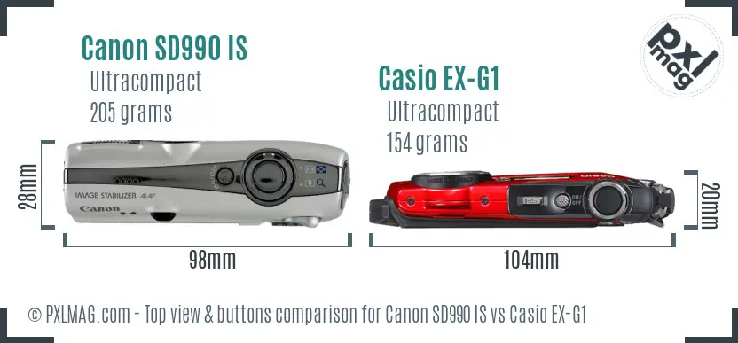 Canon SD990 IS vs Casio EX-G1 top view buttons comparison