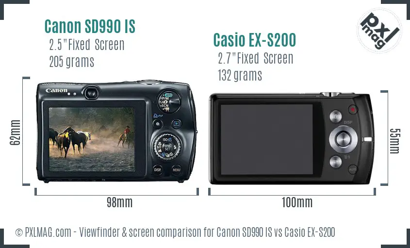 Canon SD990 IS vs Casio EX-S200 Screen and Viewfinder comparison
