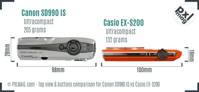 Canon SD990 IS vs Casio EX-S200 top view buttons comparison