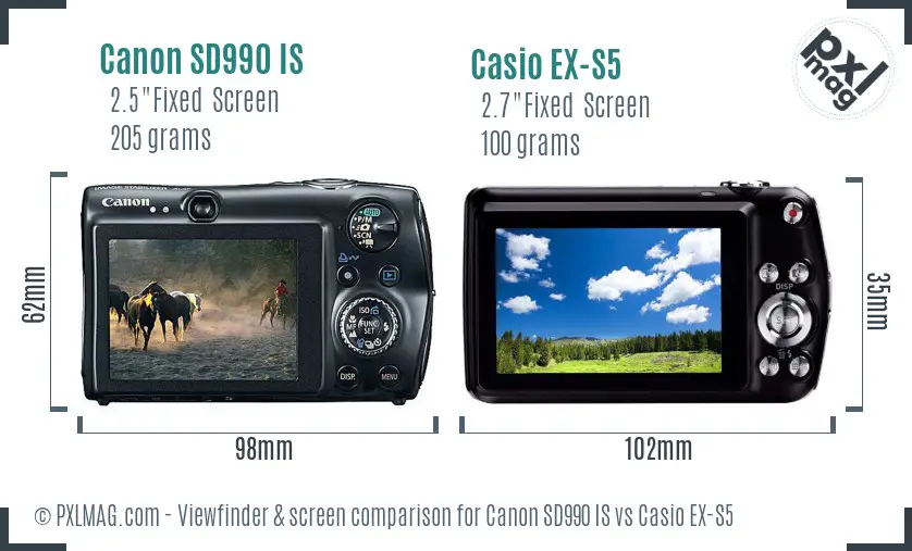 Canon SD990 IS vs Casio EX-S5 Screen and Viewfinder comparison