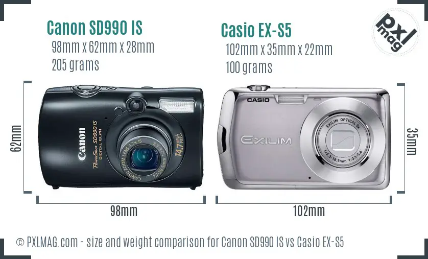 Canon SD990 IS vs Casio EX-S5 size comparison