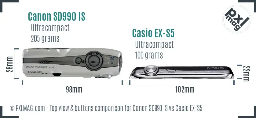 Canon SD990 IS vs Casio EX-S5 top view buttons comparison