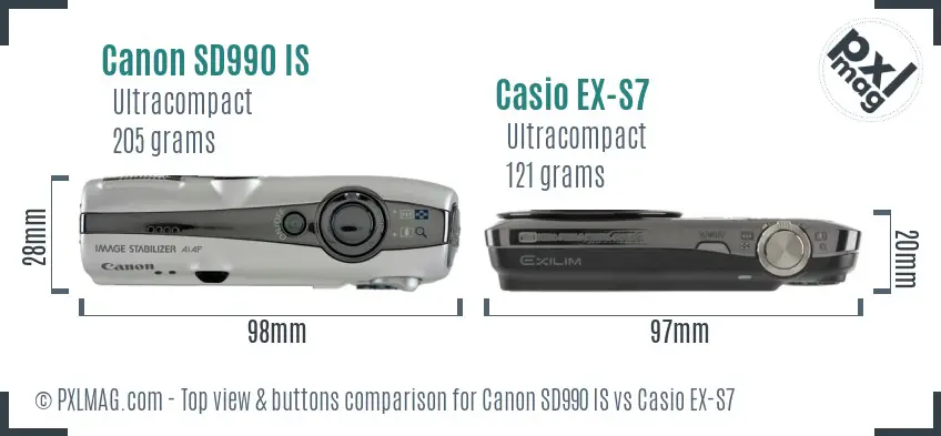 Canon SD990 IS vs Casio EX-S7 top view buttons comparison Canon SD990 IS vs Casio EX-S7 top view buttons comparison