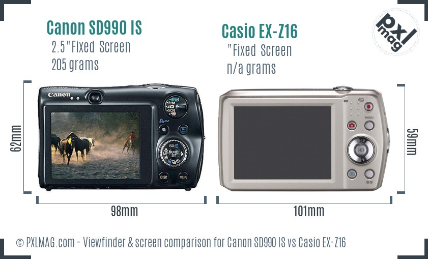 Canon SD990 IS vs Casio EX-Z16 Screen and Viewfinder comparison