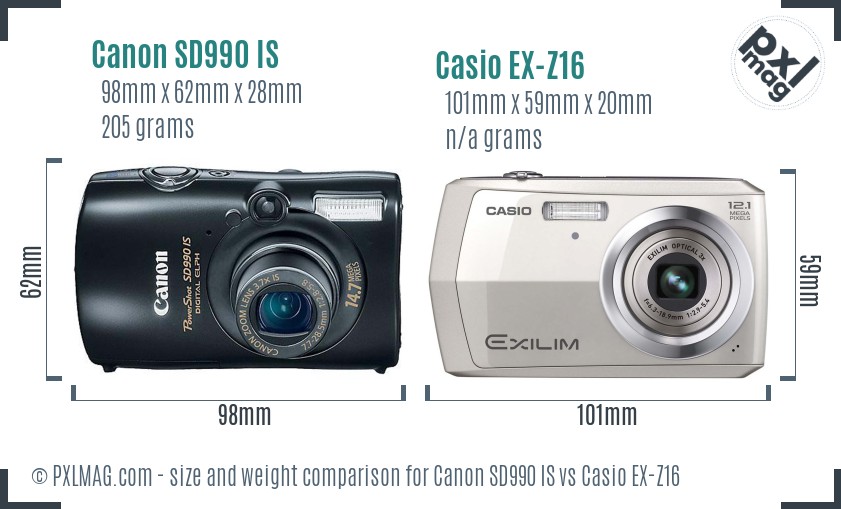 Canon SD990 IS vs Casio EX-Z16 size comparison