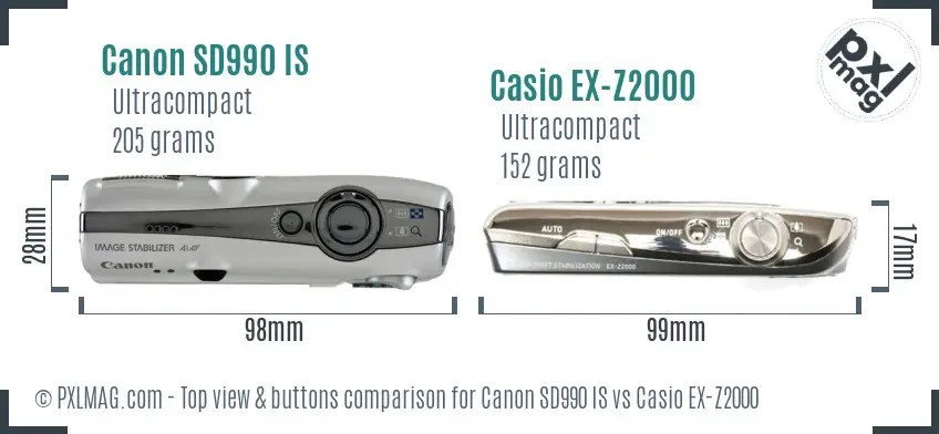 Canon SD990 IS vs Casio EX-Z2000 top view buttons comparison