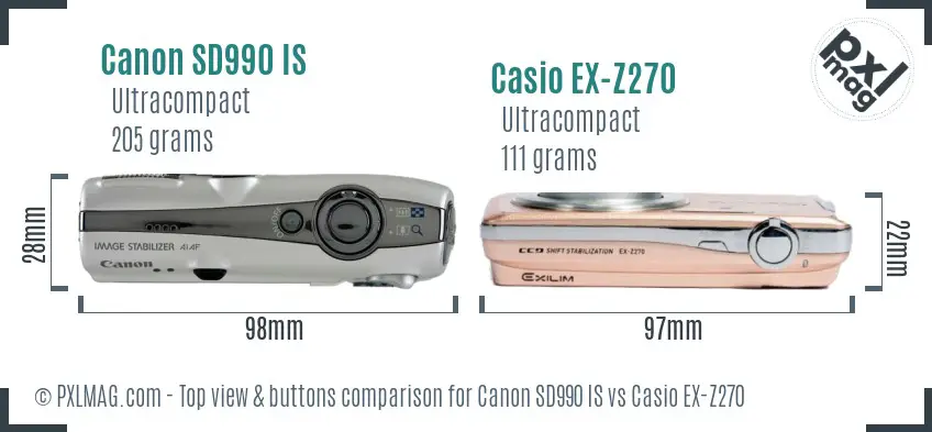 Canon SD990 IS vs Casio EX-Z270 top view buttons comparison Canon SD990 IS vs Casio EX-Z270 top view buttons comparison