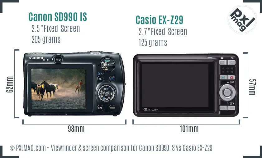 Canon SD990 IS vs Casio EX-Z29 Screen and Viewfinder comparison