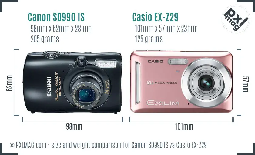 Canon SD990 IS vs Casio EX-Z29 size comparison