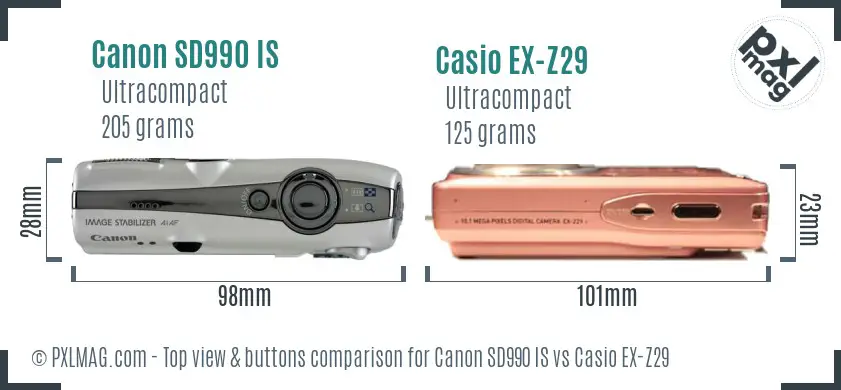 Canon SD990 IS vs Casio EX-Z29 top view buttons comparison