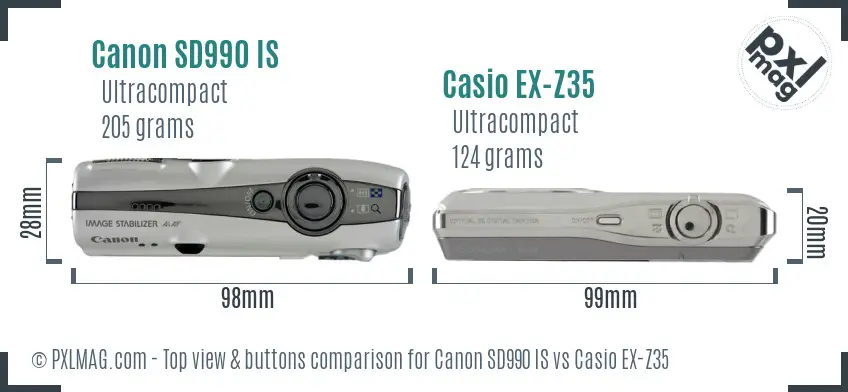 Canon SD990 IS vs Casio EX-Z35 top view buttons comparison