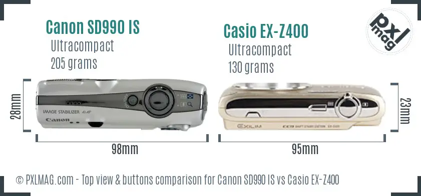 Canon SD990 IS vs Casio EX-Z400 top view buttons comparison Canon SD990 IS vs Casio EX-Z400 top view buttons comparison