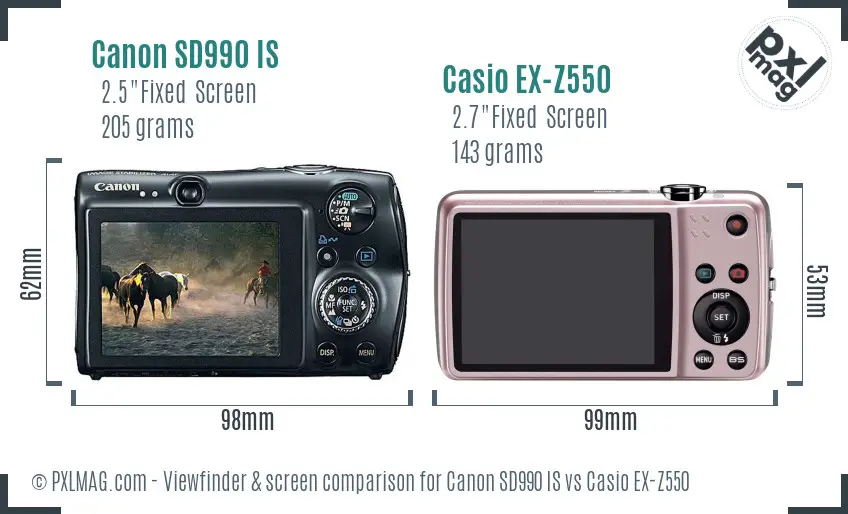 Canon SD990 IS vs Casio EX-Z550 Screen and Viewfinder comparison