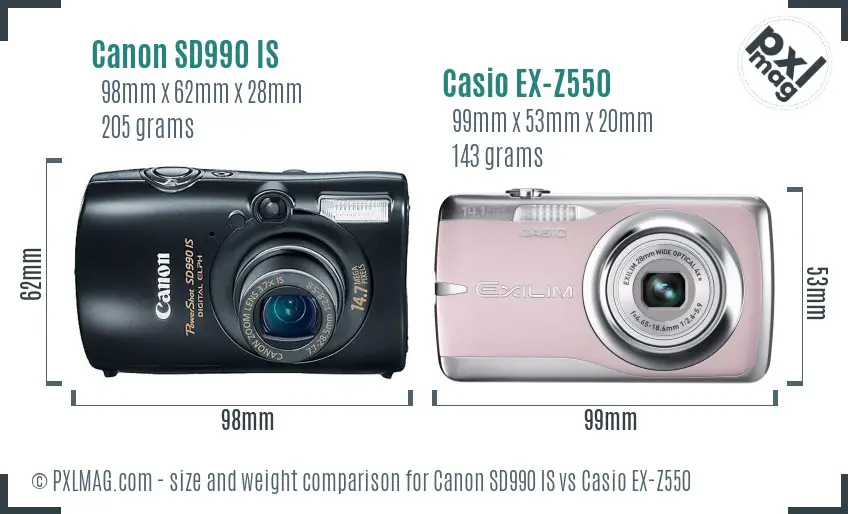 Canon SD990 IS vs Casio EX-Z550 size comparison