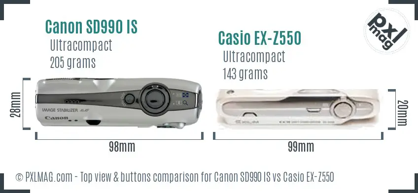 Canon SD990 IS vs Casio EX-Z550 top view buttons comparison