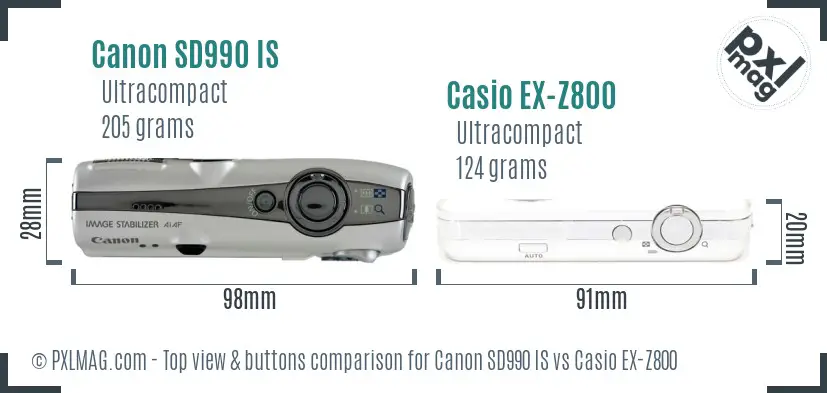 Canon SD990 IS vs Casio EX-Z800 top view buttons comparison