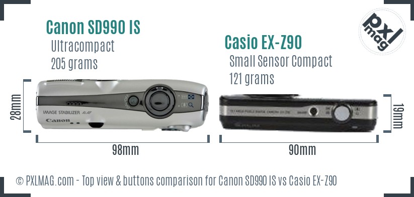 Canon SD990 IS vs Casio EX-Z90 top view buttons comparison