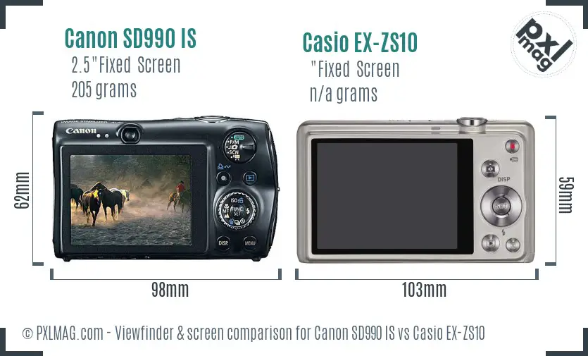 Canon SD990 IS vs Casio EX-ZS10 Screen and Viewfinder comparison