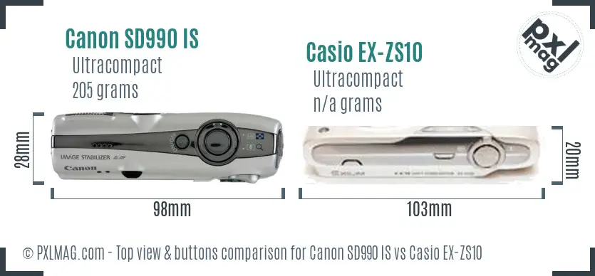 Canon SD990 IS vs Casio EX-ZS10 top view buttons comparison