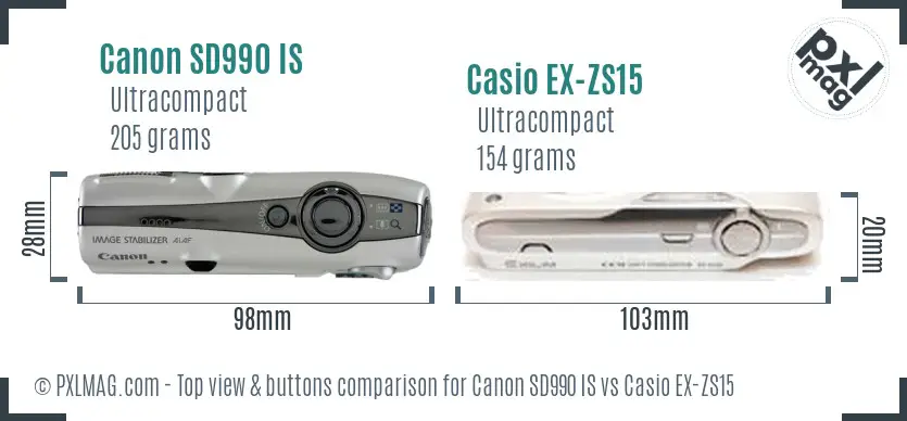 Canon SD990 IS vs Casio EX-ZS15 top view buttons comparison Canon SD990 IS vs Casio EX-ZS15 top view buttons comparison