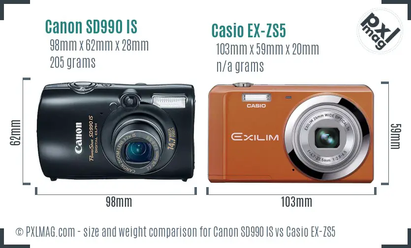 Canon SD990 IS vs Casio EX-ZS5 size comparison